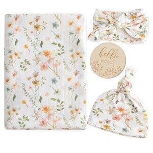 Newborn Swaddle Set with Matching Bow & Hat Set in Grams Garden Pattern